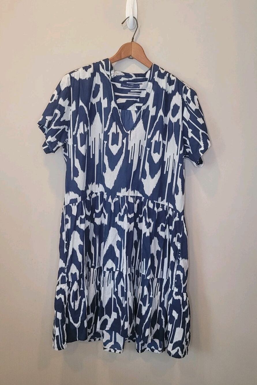 La Plage Cotton Blue White Ikat Print Short Sleeve Alison Dress Large Coastal